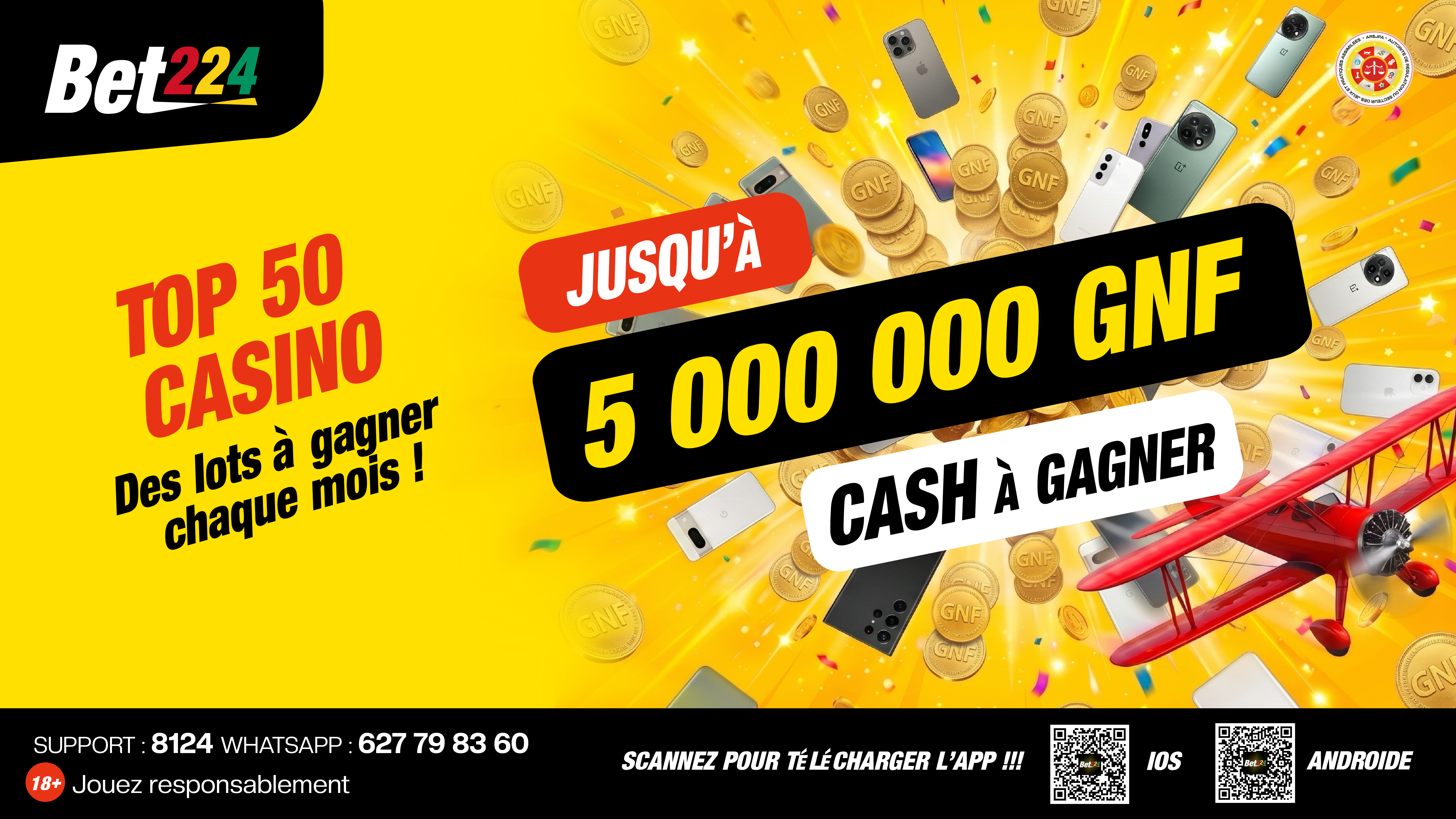 TOP 50 CASINO BET224 &mdash; concours mensuel, jusqu'a 5 000 000 GNF cash